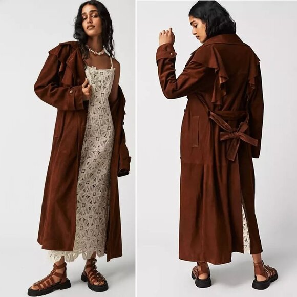 Free People Brenda Knight Nigel Preston Long Trench Coat XL Lambskin Suede NEW